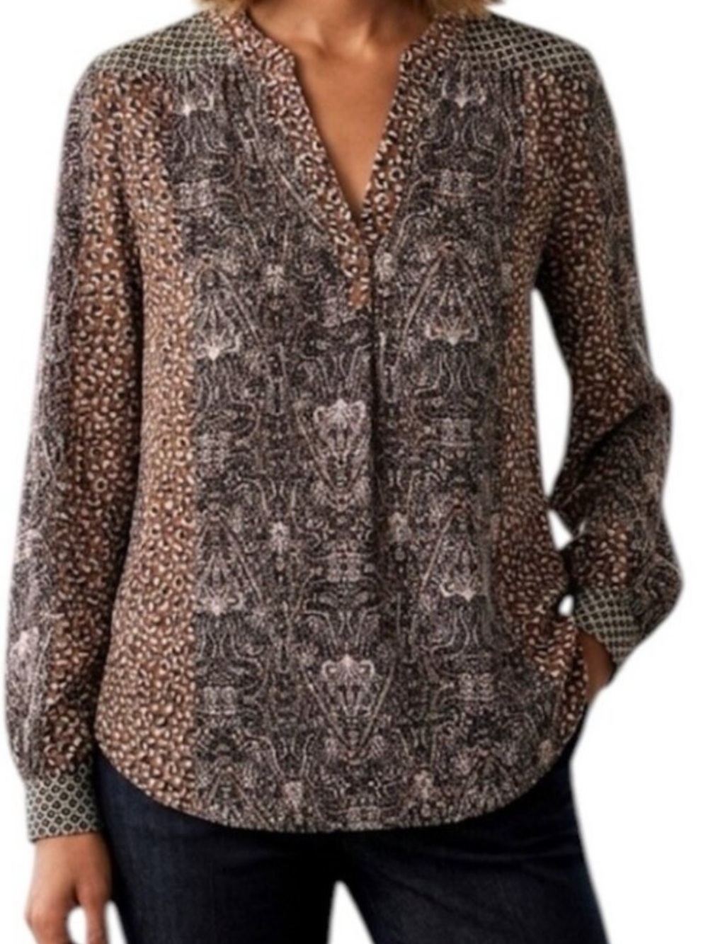 Allison Joy Evereve Brown Pink Mixed Pattern V Neck Long Sleeve Blouse Cheetah